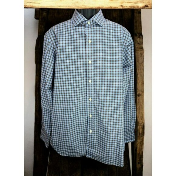 Polo Ralph Lauren Mens Brown-Blue Plaid Dress Shirt Large Classic Fit Button-Up - Picture 1 of 6